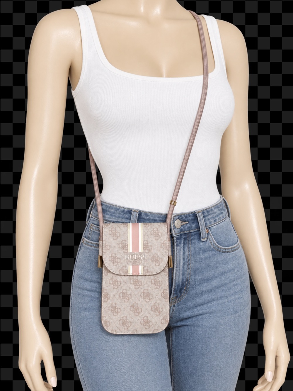 GUESS Pink Monogram Crossbody Phone Bag with Pink and Cream Stripes